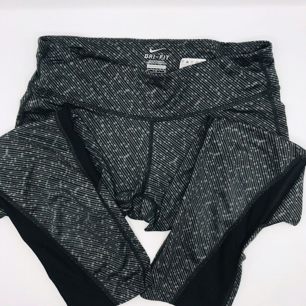 Nike Dri Fit Leggings Crop Athletic Belt Pocket Gray Black Stripe Women's Size M